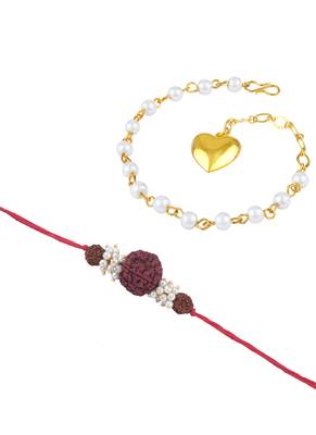 Handmade combo couple pair panch mukhi rudraksh pearl  rakhi & gold heart charm bracelet set for bhaiya bhabhi 5