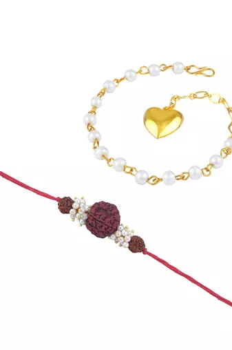Handmade combo couple pair panch mukhi rudraksh pearl  rakhi & gold heart charm bracelet set for bhaiya bhabhi