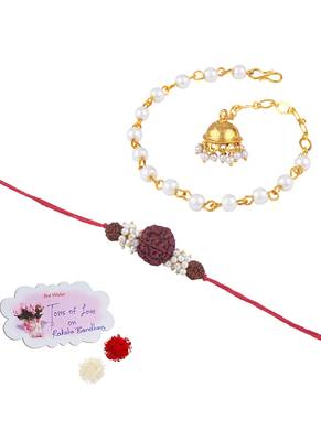 Handmade combo couple pair panch mukhi rudraksh pearl  rakhi & gold jhumki charm bracelet set for bhaiya bhabhi 1