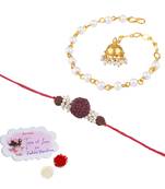 Handmade combo couple pair panch mukhi rudraksh pearl  rakhi & gold jhumki charm bracelet set for bhaiya bhabhi