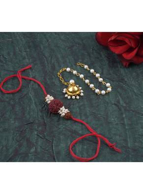 Handmade combo couple pair panch mukhi rudraksh pearl  rakhi & gold jhumki charm bracelet set for bhaiya bhabhi 2