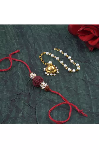 Handmade combo couple pair panch mukhi rudraksh pearl  rakhi & gold jhumki charm bracelet set for bhaiya bhabhi