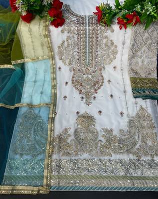 White embroidered faux georgette semi stitched salwar suit 3