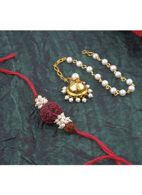 Handmade combo couple pair panch mukhi rudraksh pearl  rakhi & gold jhumki charm bracelet set for bhaiya bhabhi 3