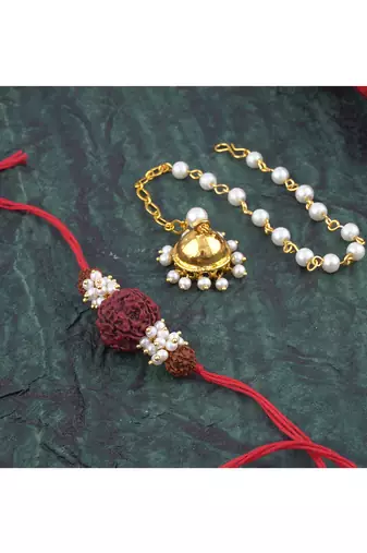 Handmade combo couple pair panch mukhi rudraksh pearl  rakhi & gold jhumki charm bracelet set for bhaiya bhabhi