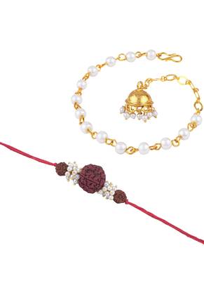 Handmade combo couple pair panch mukhi rudraksh pearl  rakhi & gold jhumki charm bracelet set for bhaiya bhabhi 4