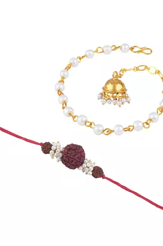 Handmade combo couple pair panch mukhi rudraksh pearl  rakhi & gold jhumki charm bracelet set for bhaiya bhabhi