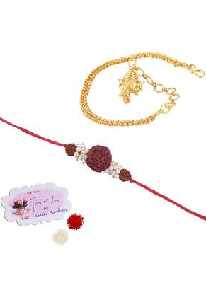 Handmade combo couple pair panch mukhi rudraksh pearl rakhi & gold ganesha charm unisex bracelet set for bhaiya bhabhi 1