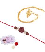 Handmade combo couple pair panch mukhi rudraksh pearl rakhi & gold ganesha charm unisex bracelet set for bhaiya bhabhi