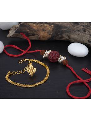 Handmade combo couple pair panch mukhi rudraksh pearl rakhi & gold ganesha charm unisex bracelet set for bhaiya bhabhi 2