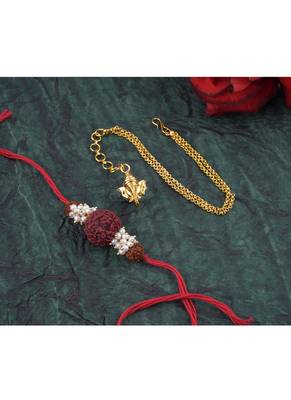 Handmade combo couple pair panch mukhi rudraksh pearl rakhi & gold ganesha charm unisex bracelet set for bhaiya bhabhi 3