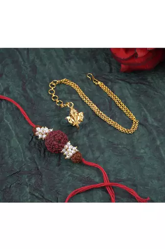 Handmade combo couple pair panch mukhi rudraksh pearl rakhi & gold ganesha charm unisex bracelet set for bhaiya bhabhi