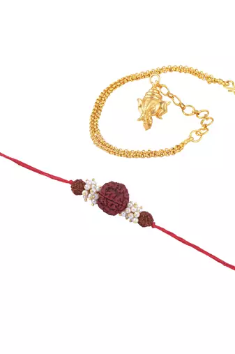Handmade combo couple pair panch mukhi rudraksh pearl rakhi & gold ganesha charm unisex bracelet set for bhaiya bhabhi