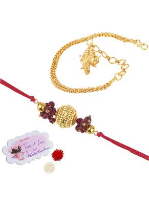 Handmade combo couple pair gold bead rakhi & gold ganesha charm unisex bracelet set for bhaiya bhabhi 1