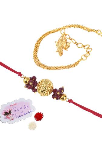 Handmade combo couple pair gold bead rakhi & gold ganesha charm unisex bracelet set for bhaiya bhabhi