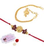Handmade combo couple pair gold bead rakhi & gold ganesha charm unisex bracelet set for bhaiya bhabhi