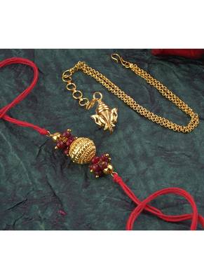 Handmade combo couple pair gold bead rakhi & gold ganesha charm unisex bracelet set for bhaiya bhabhi 2