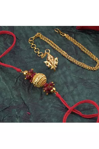 Handmade combo couple pair gold bead rakhi & gold ganesha charm unisex bracelet set for bhaiya bhabhi