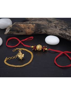 Handmade combo couple pair gold bead rakhi & gold ganesha charm unisex bracelet set for bhaiya bhabhi 3
