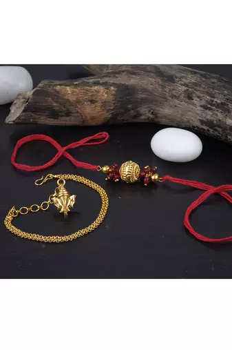 Handmade combo couple pair gold bead rakhi & gold ganesha charm unisex bracelet set for bhaiya bhabhi