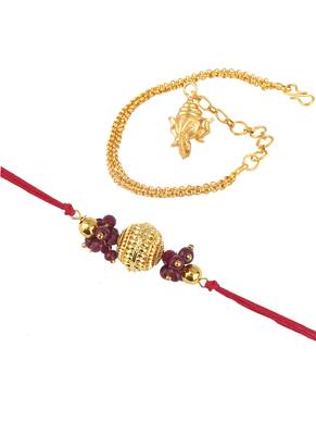 Handmade combo couple pair gold bead rakhi & gold ganesha charm unisex bracelet set for bhaiya bhabhi 4