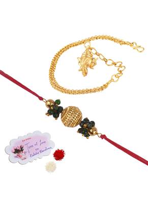 Handmade combo couple pair gold bead rakhi & gold ganesha charm unisex bracelet set for bhaiya bhabhi 1