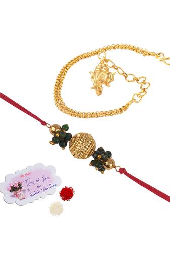 Handmade combo couple pair gold bead rakhi & gold ganesha charm unisex bracelet set for bhaiya bhabhi