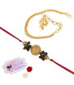 Handmade combo couple pair gold bead rakhi & gold ganesha charm unisex bracelet set for bhaiya bhabhi