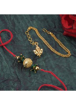 Handmade combo couple pair gold bead rakhi & gold ganesha charm unisex bracelet set for bhaiya bhabhi 2