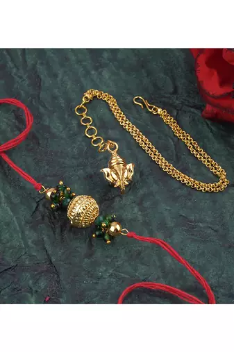 Handmade combo couple pair gold bead rakhi & gold ganesha charm unisex bracelet set for bhaiya bhabhi