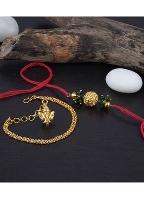 Handmade combo couple pair gold bead rakhi & gold ganesha charm unisex bracelet set for bhaiya bhabhi 3