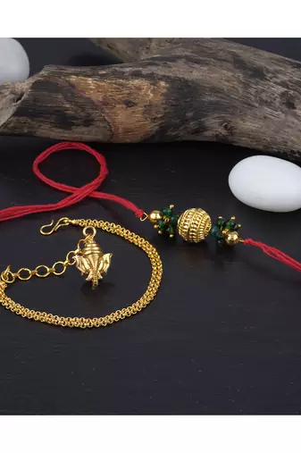 Handmade combo couple pair gold bead rakhi & gold ganesha charm unisex bracelet set for bhaiya bhabhi