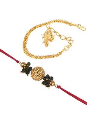 Handmade combo couple pair gold bead rakhi & gold ganesha charm unisex bracelet set for bhaiya bhabhi 4