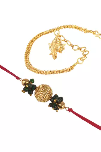 Handmade combo couple pair gold bead rakhi & gold ganesha charm unisex bracelet set for bhaiya bhabhi