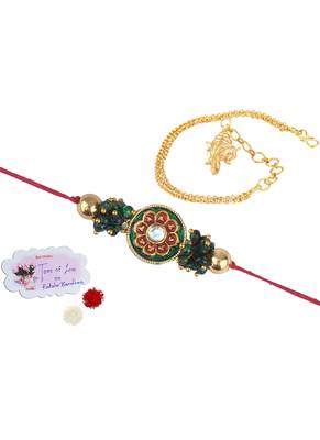 Handmade combo couple pair real kundan rakhi & gold ganesha charm unisex bracelet set for bhaiya bhabhi 1