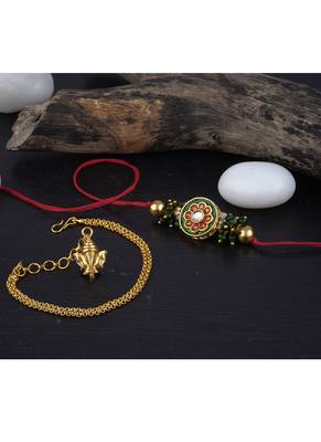 Handmade combo couple pair real kundan rakhi & gold ganesha charm unisex bracelet set for bhaiya bhabhi 2