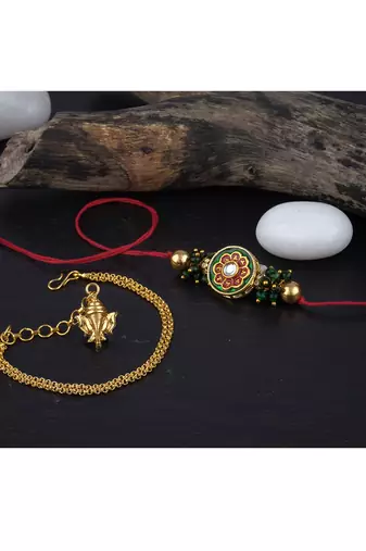 Handmade combo couple pair real kundan rakhi & gold ganesha charm unisex bracelet set for bhaiya bhabhi