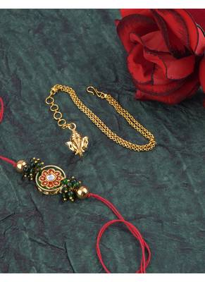 Handmade combo couple pair real kundan rakhi & gold ganesha charm unisex bracelet set for bhaiya bhabhi 3