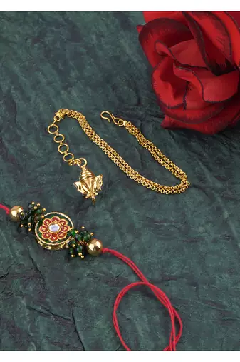 Handmade combo couple pair real kundan rakhi & gold ganesha charm unisex bracelet set for bhaiya bhabhi