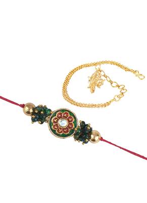 Handmade combo couple pair real kundan rakhi & gold ganesha charm unisex bracelet set for bhaiya bhabhi 4