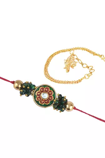 Handmade combo couple pair real kundan rakhi & gold ganesha charm unisex bracelet set for bhaiya bhabhi