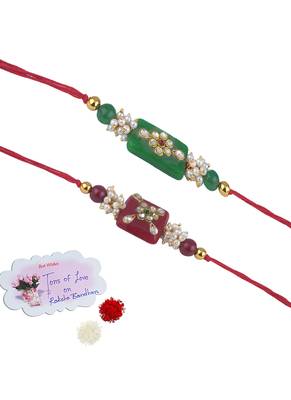 Handmade combo stone bead with kundan leheriya pearls rakhi set for brother bhaiya 1