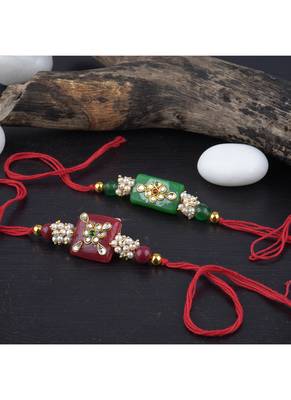 Handmade combo stone bead with kundan leheriya pearls rakhi set for brother bhaiya 2