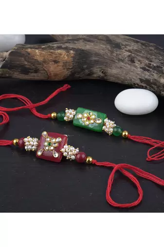 Handmade combo stone bead with kundan leheriya pearls rakhi set for brother bhaiya
