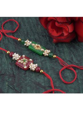 Handmade combo stone bead with kundan leheriya pearls rakhi set for brother bhaiya 3