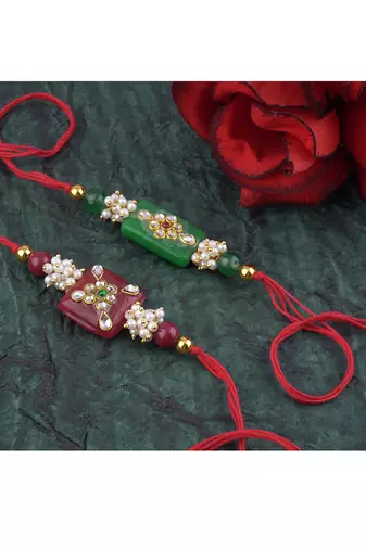 Handmade combo stone bead with kundan leheriya pearls rakhi set for brother bhaiya