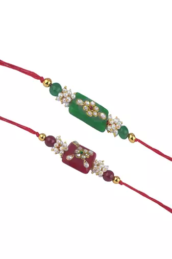 Handmade combo stone bead with kundan leheriya pearls rakhi set for brother bhaiya