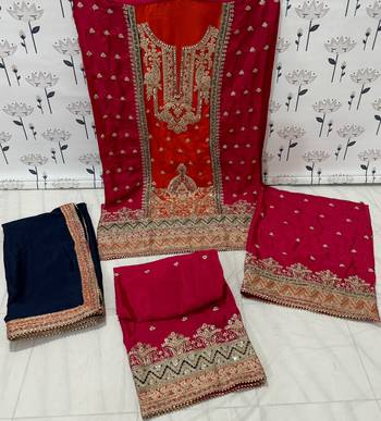 Orange and pink embroidered viscose chinon semi stitched salwar suit 4