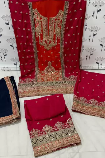 Orange and pink embroidered viscose chinon salwar suit