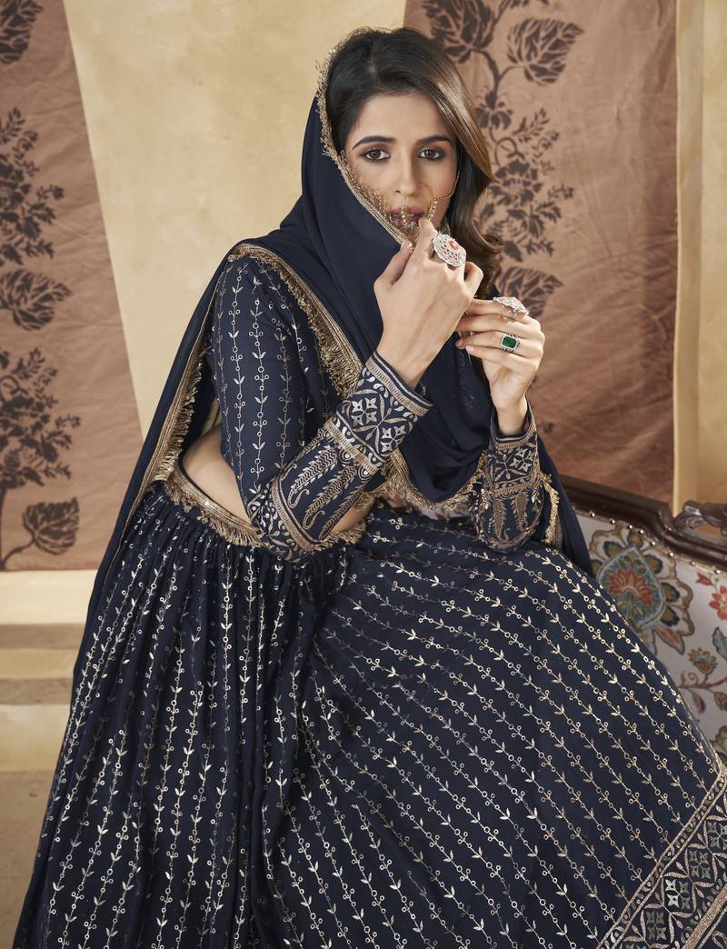 Navy Blue Pigment Foil Worked L Size Stitched Georgette Lehenga Choli For Wedding